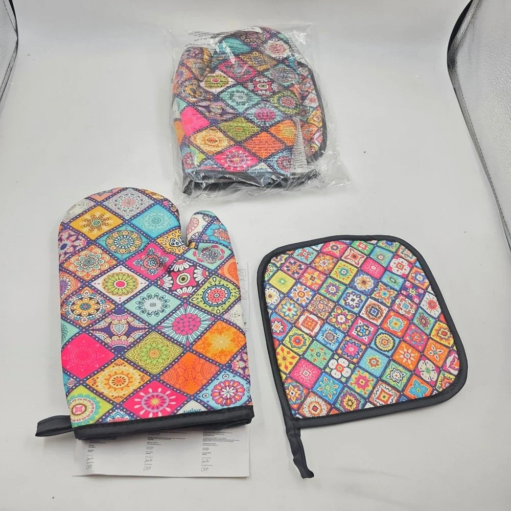 Mandala Patchwork Oven Mitt and Pot Holder Set 3 Piece Colorful Boho Kitchen L4